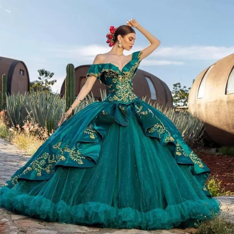 

Зеленое мексиканское платье Quinceanera 2023, вышивка бисером, аппликация, платья XV лет, милое платье 16, вечернее платье для девочек, одежда на день рождения