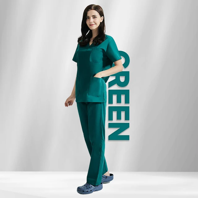 High Quality V-neck Scrub Tops Beauty Salon Nursing Elastic Waist Pants Unisex Breathable Surgery Uniform Medical Accessories Green