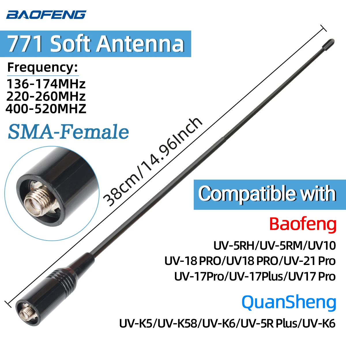 Tri-Band VHF/UHF Walkie Talkie Antenna - SMA Female/Male