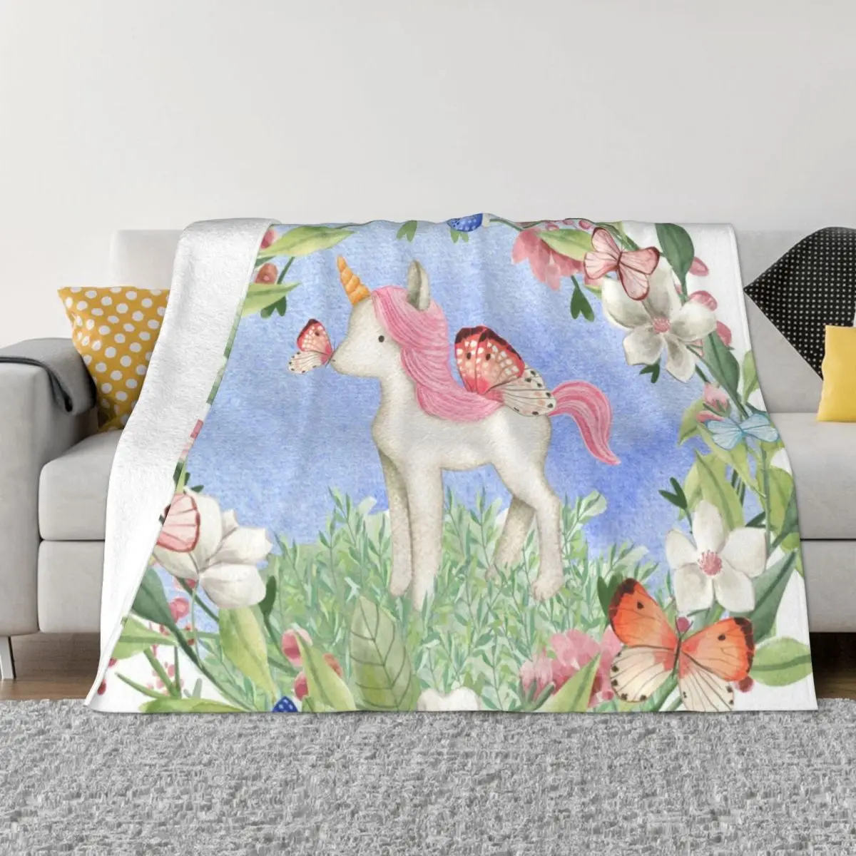 

Butterfly Kisses - A watercolour fairy unicorn, flowers and butterflies, cute baby unicorn Throw Blanket Stuffeds Blankets
