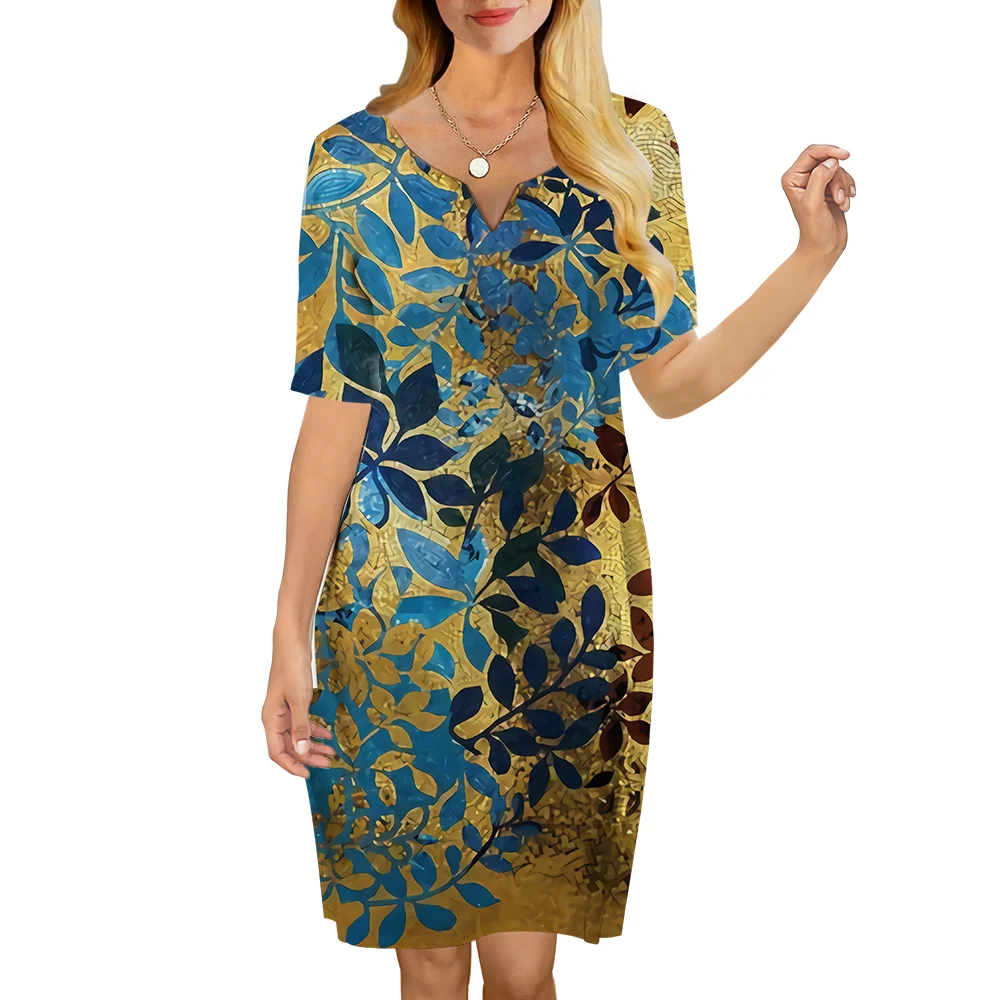 

CLOOCL Women Dress Vintage Green Leaves Pattern 3D Printed V-Neck Loose Casual Short Sleeve Shift Dress for Female Dresses