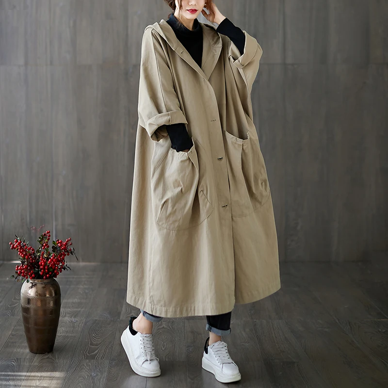 

SuperAen Oversize Women Windbreaker 2023 New Spring and Autumn Retro Loose Long Hooded Trench Coat