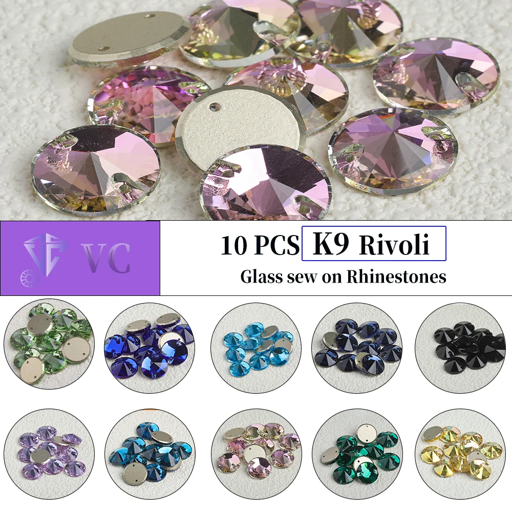 VC K9 Rivoli 10 Stück hochwertige Glas-Nähsteine zum Aufnähen, Kristall-Flachsteine zum Nähen für DIY-Kleidungsstücke, Hochzeitskleider-Applikationen