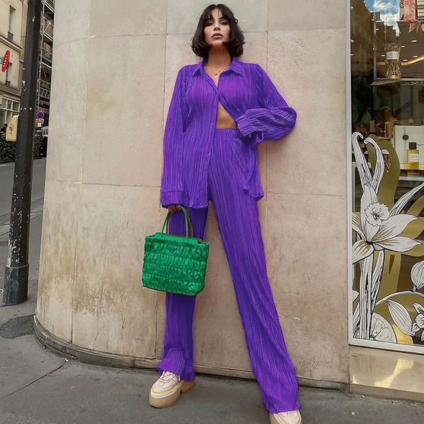 2024 Spring and Autumn Hot European and American Women's Clothing Solid Color Drape Loose Pleated Casual Two-Piece Set Spot Qi