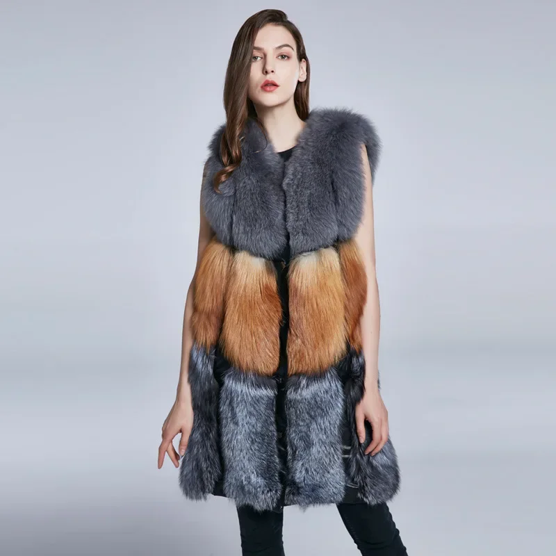 Fox Fur Long Fur Vest Coat Fashion Contrast Color Fur Coat Autumn and Winter New Trend