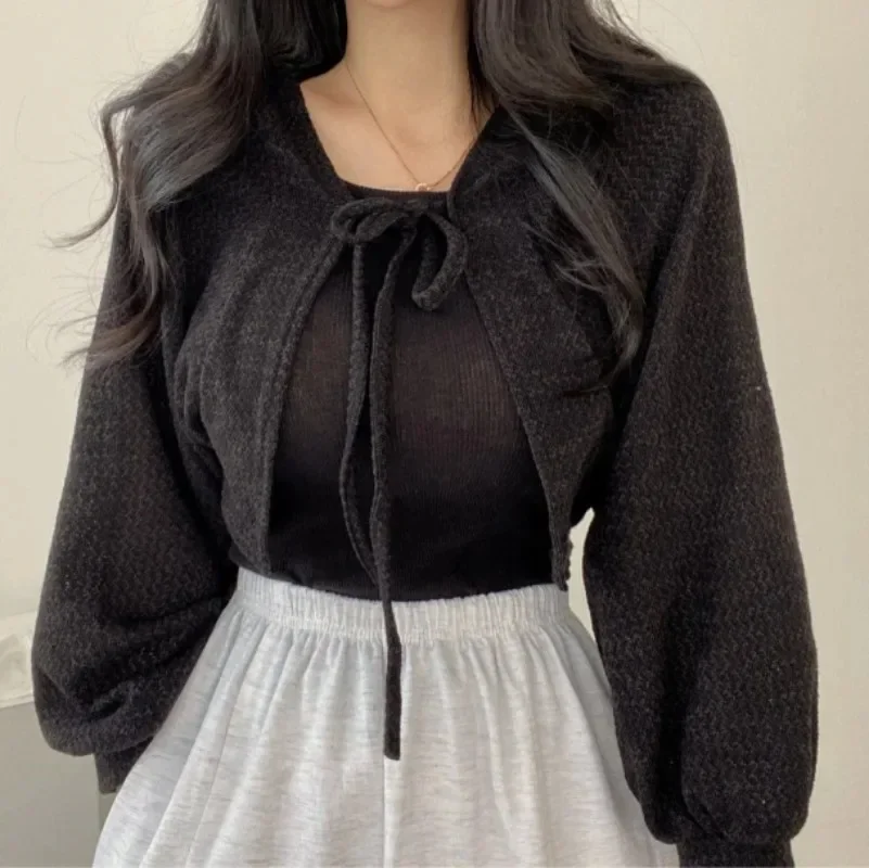 

Solid Knitted Lace-Up Cardigan Women Summer Thin Sunscreen Knitwear Tops Female Korean Style Lantern Sleeve Short Coat