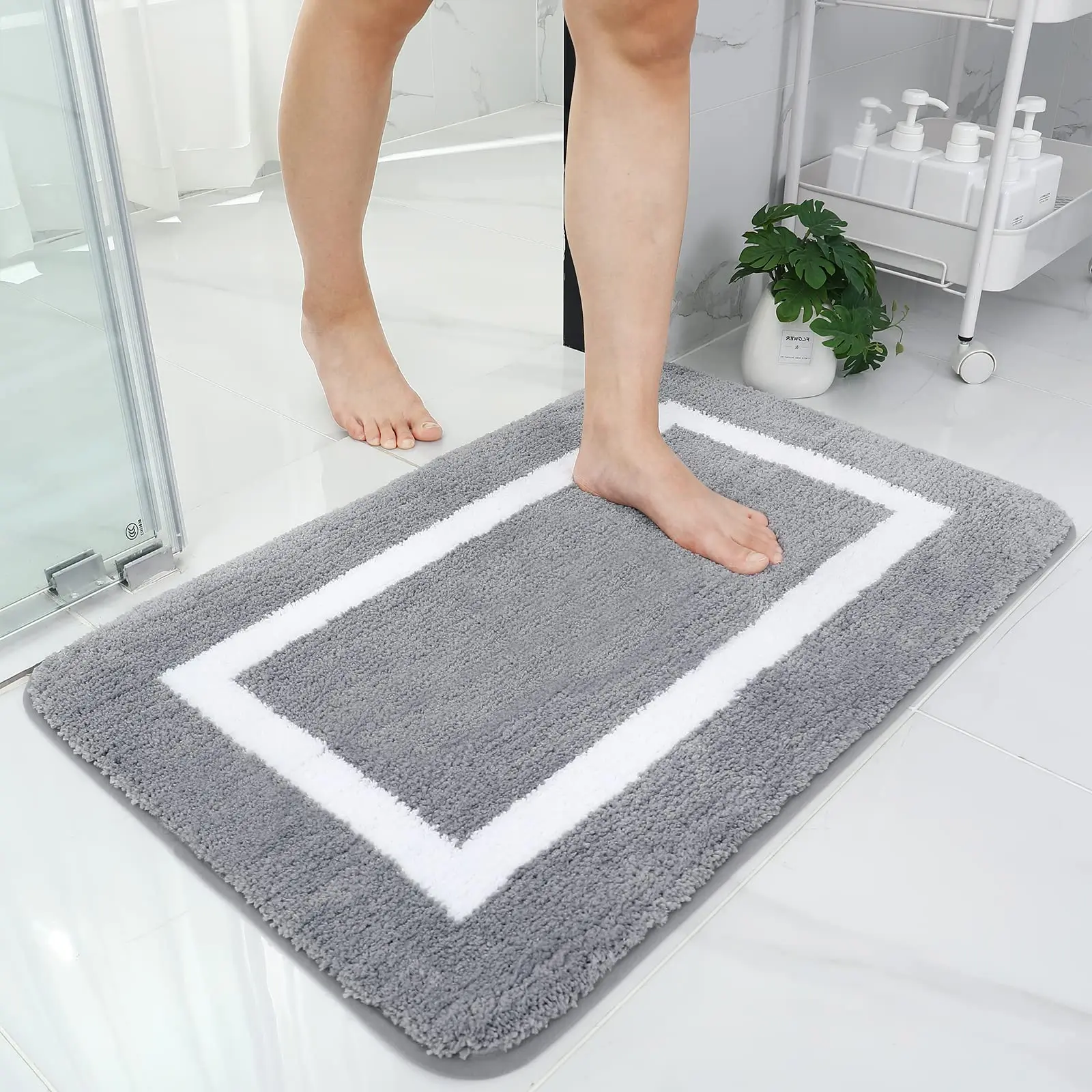 Olanly Maschinenwaschbare Badematte, schwarz-weiß gestreift, rutschfester Badteppich für Badewanne und Dusche, super schnell trocknende, wasserabsorbierende Bodenmatte – Detail 7