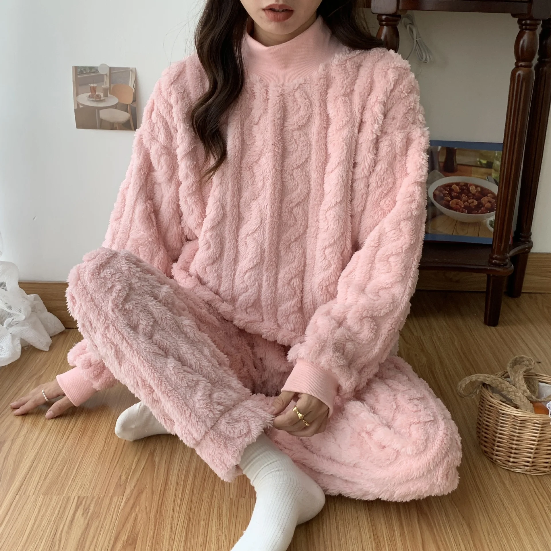 

Ladys Home Suit Autumn Winter Warm Pajama Set Women Sweet Turtleneck Sleepwear Solid Color Home Clothes Nightwear