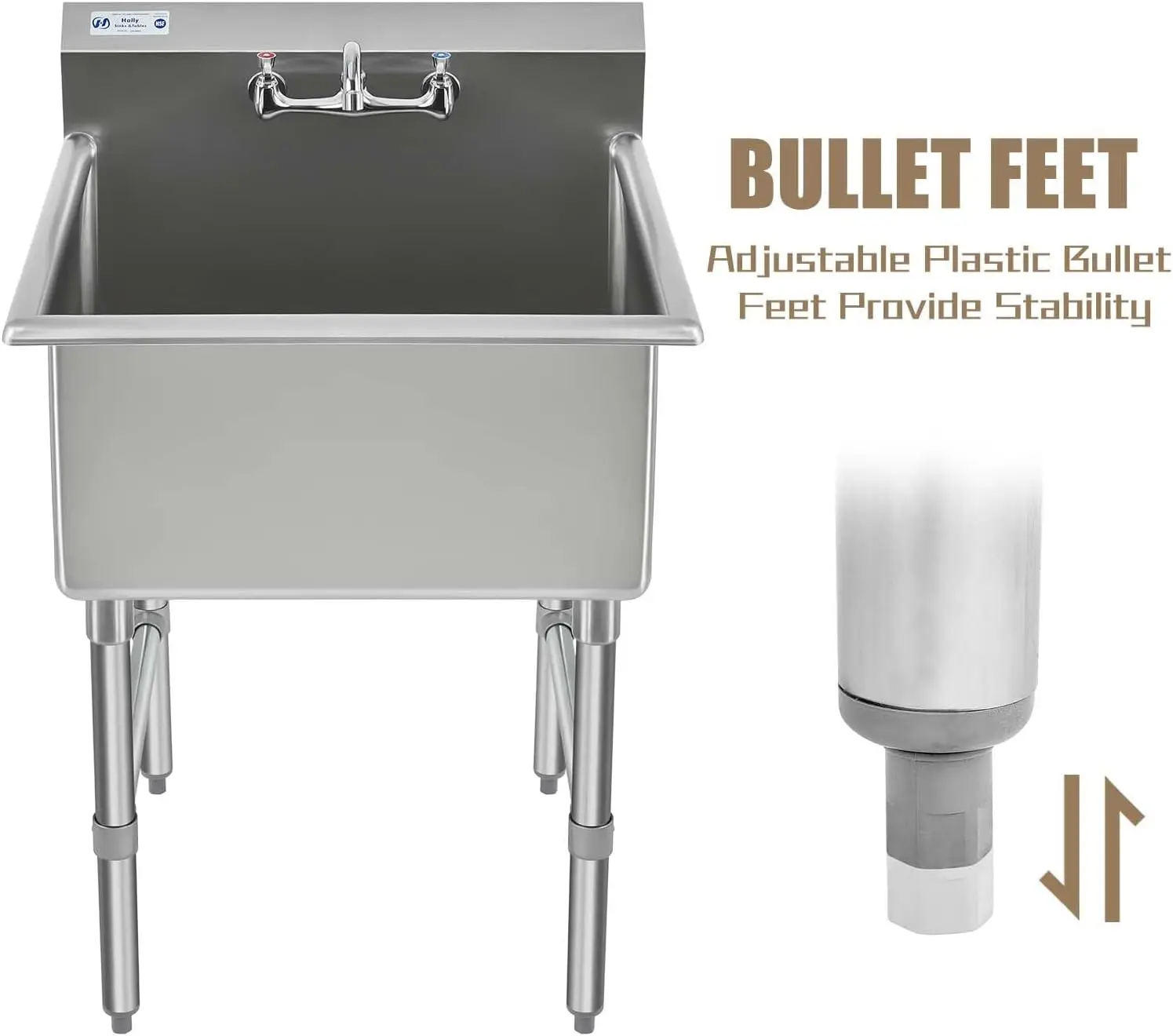 Commercial Stainless Steel Sink 1 Compartment NSF Prep Utility Sink with 8" Faucet 15" L x 15" W x 12" D Bowl for Hotel and Home 6