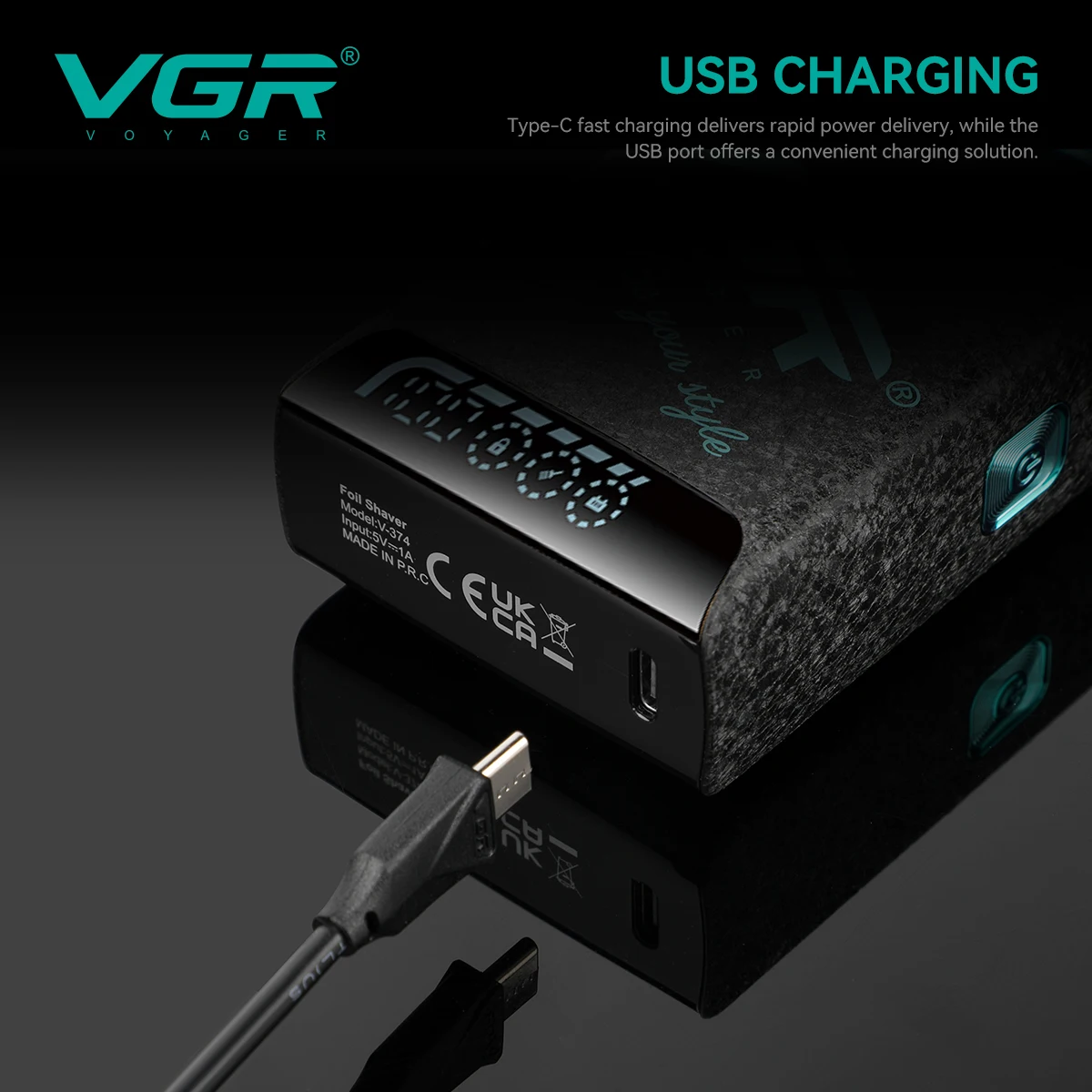 VGR V-374 신형 남성용 면도기 왕복식 블레이드 그라데이션 컬러 아이스 크랙 바디 고급 면도기 LED 지능형 디지털 헤어 화이트닝