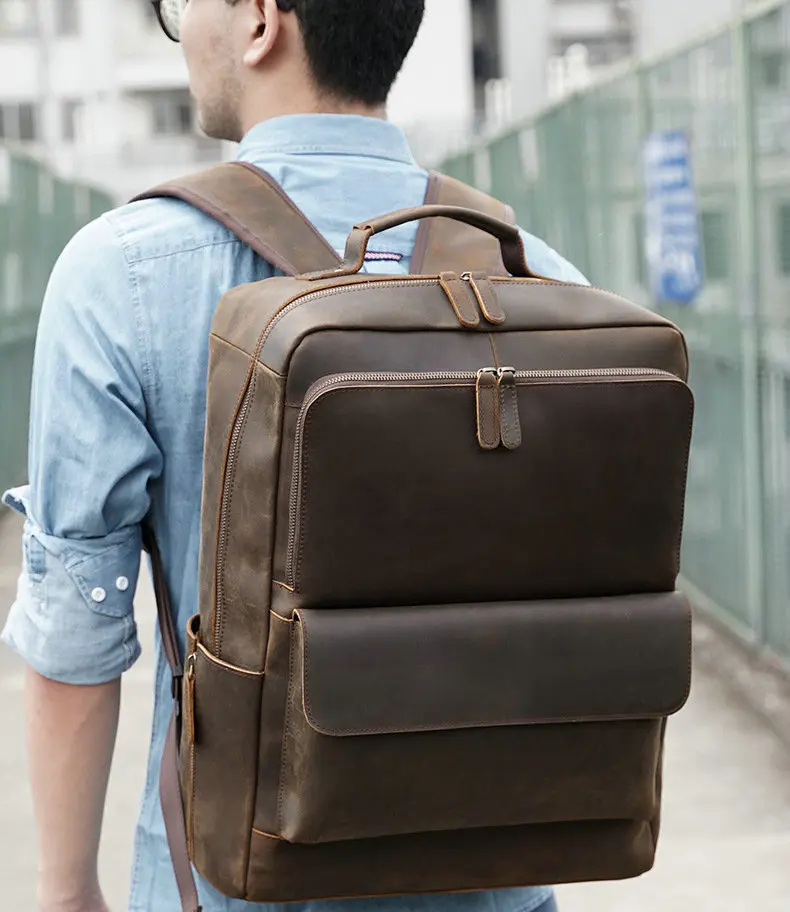 Unisex Black Leather Laptop Backpack Purse Bag