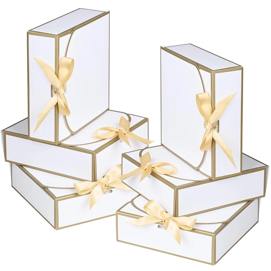 20pcs, Elegant White Gift Boxes with Lids, Elegant gold trim, Gold Ribbon, 6.5''x6.5''x2'' Suitable for all kinds of holidays