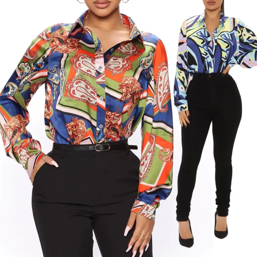 

Fashion Pattern Print Shirt For Women 2023 Retro Long Sleeve Blouse Female Elegant Lapel Office Ladies Shirts Hit Color Chic Top