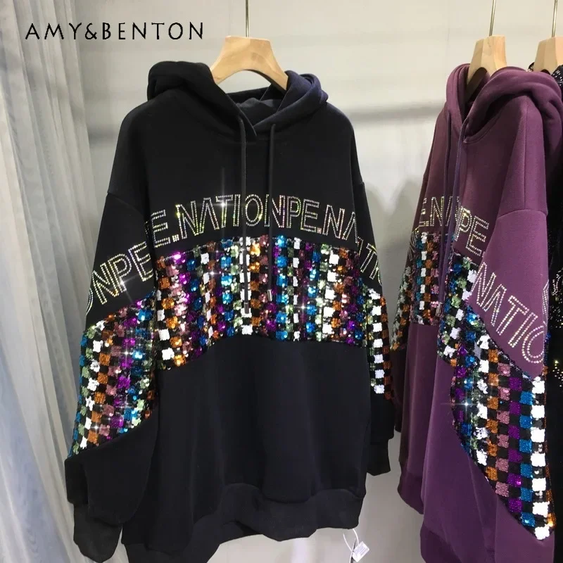 Fleece-Lined Thickened Diamond Drills Sweater Alphabet Sequins Stitching Loose Mid-Length Average Size Coat Autumn Winter Female