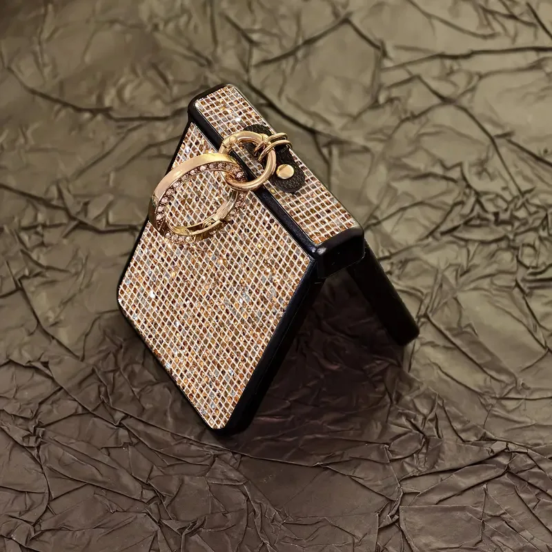 Sparkling Grid Pattern Phone Case with Fashion Faux Diamond Ring Buckle - Hard Shell Design