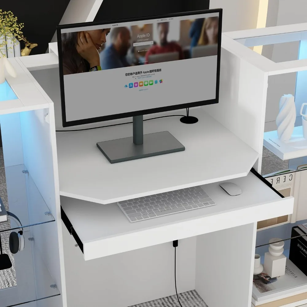 59.1 Inch LED Reception Desk with Glass Display Shelf, Cable Grommet & Storage - White