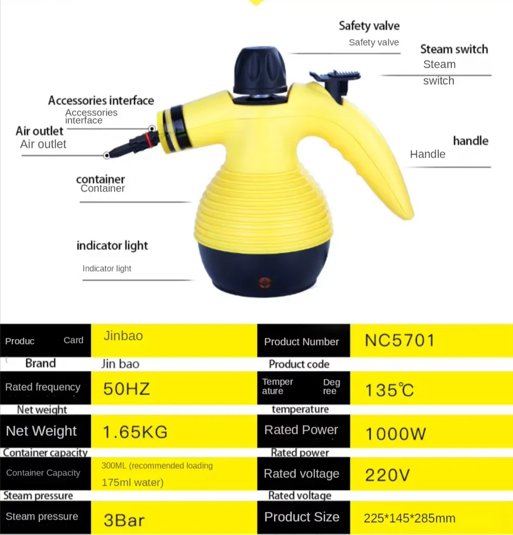 Handheld Steam Cleaner Washing Machine 1000W High Temperature High Pressure Car Steam Cleaner for Kitchen Car Grime Window Clean 6