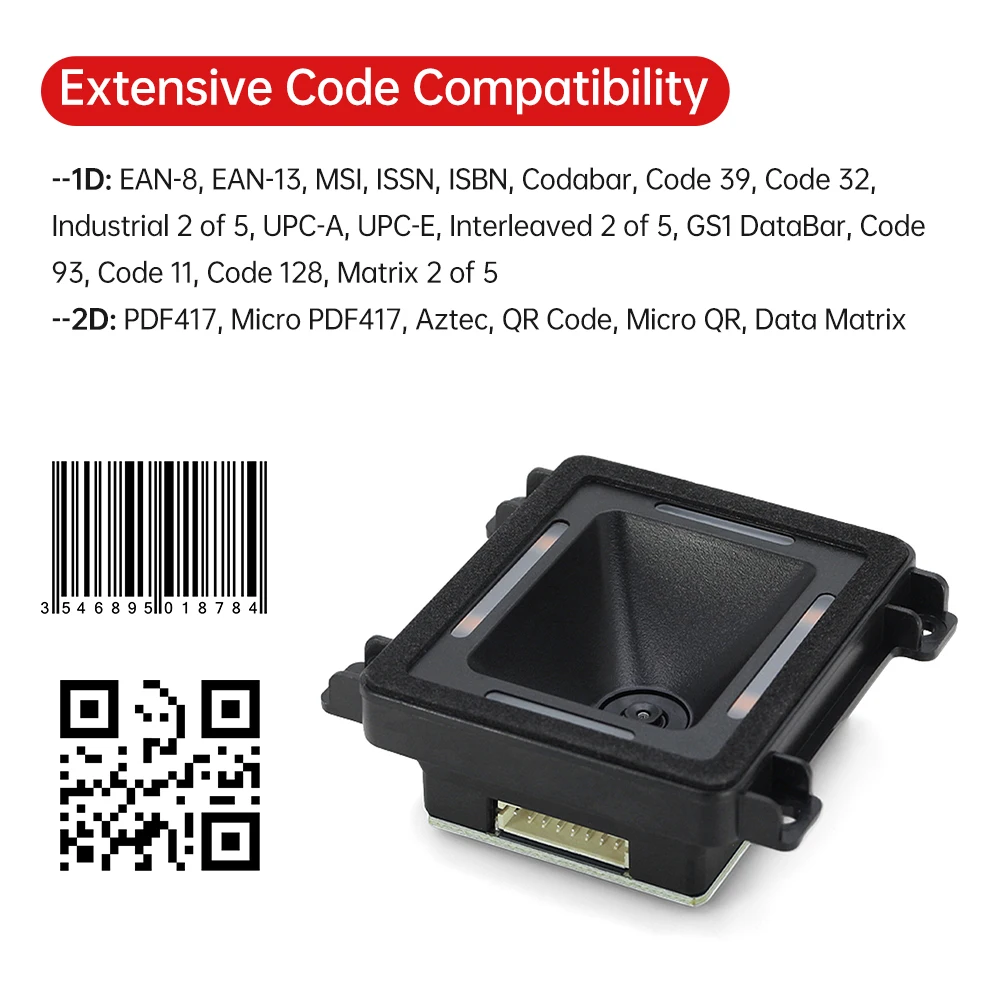 내장형 바코드 스캐너, 자기 유도 1D 2D QR 바코드 리더 모듈, 지지대 RS-232, TTL, USB 포트 연결, 자동 스캐닝