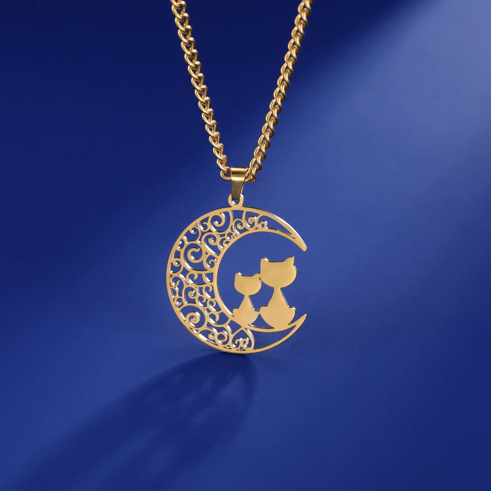 Stainless Steel Cat & Moon Necklace