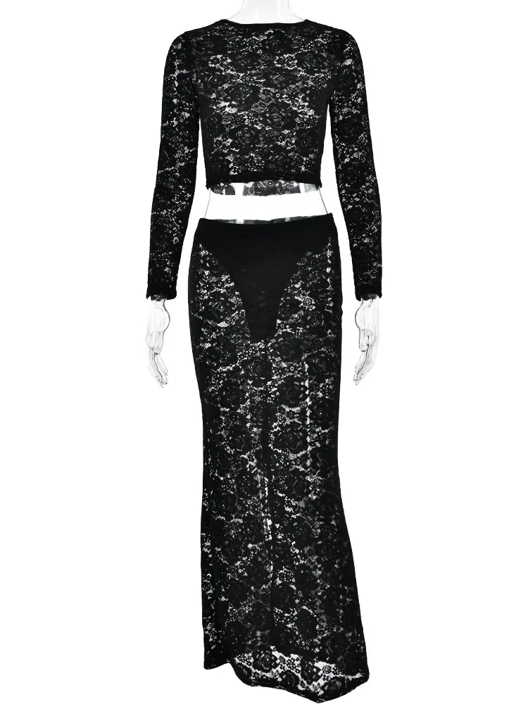 JULISSA MO O Neck Lace See Through Long Sleeve Solid Two Piece Set Sheer Slim Fit Crop Top And Maxi Skirt Set Party Club Outfits