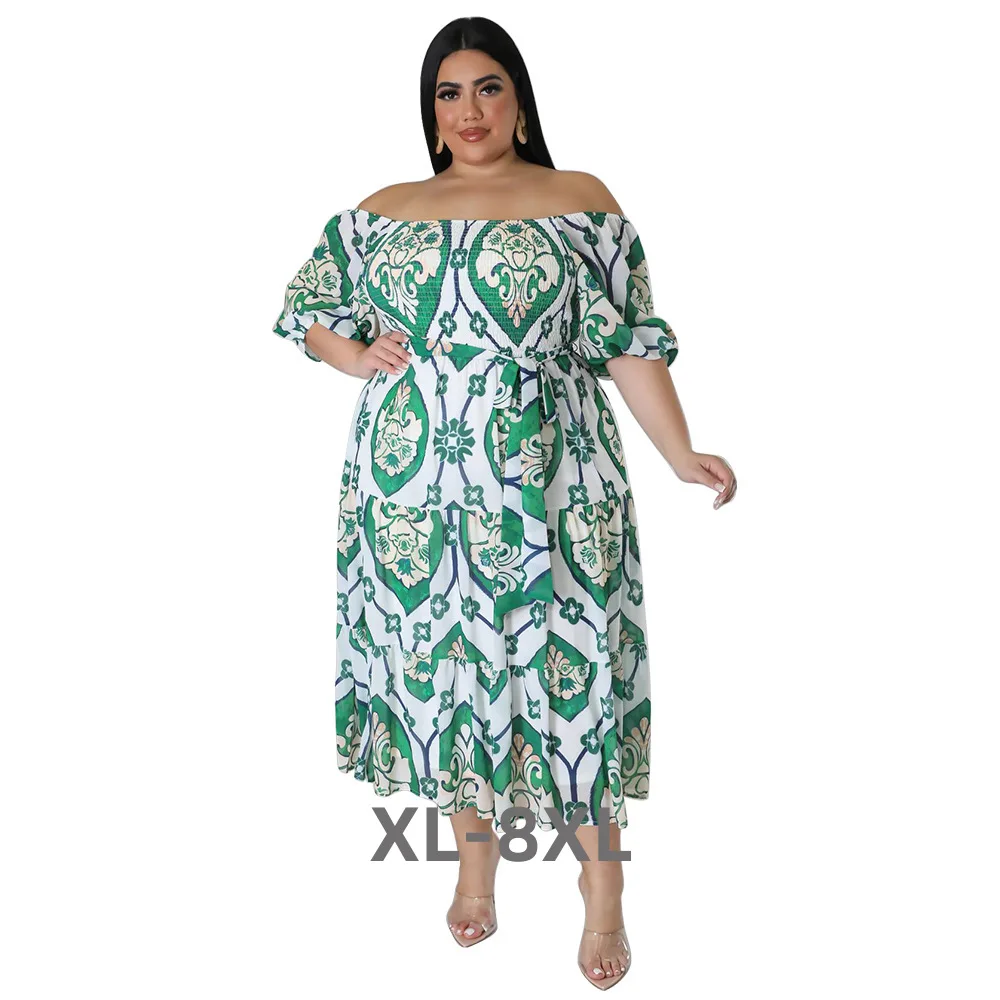

Plus Size Printing Women Casual Dress Summer Holidays Bohemia Sash Short Sleeves Slash Neck a Line Fashion 3xl 4xl 5xl 6xl