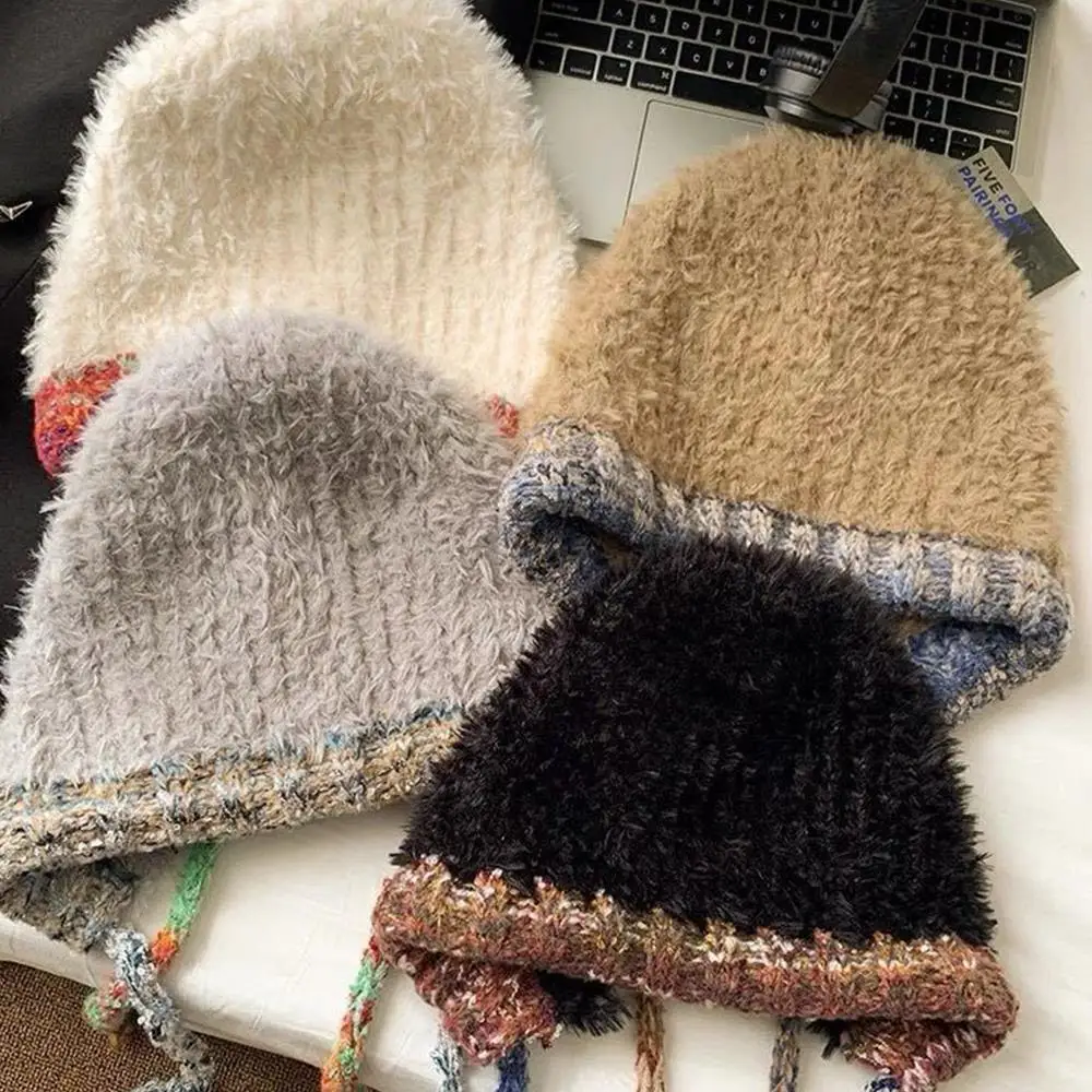Hot Knitted Hooded Caps Beanies Cap Cold Proof Warm Knit Cap Drawstring Bag-Hat Girls Knitted Pullover Beanie Hats Balaclava Hat 3