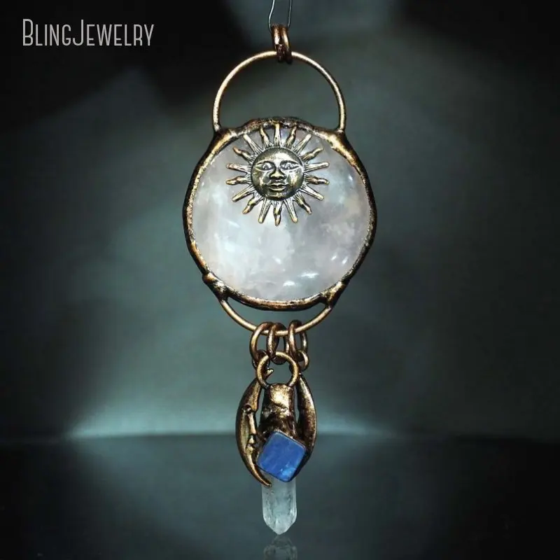 

10pcs Rustic Copper Rose Quartz Moon Sun Statement Goth Necklace Pendant Crystal Chakra Talisman Jewelry Amulet Emo Charm