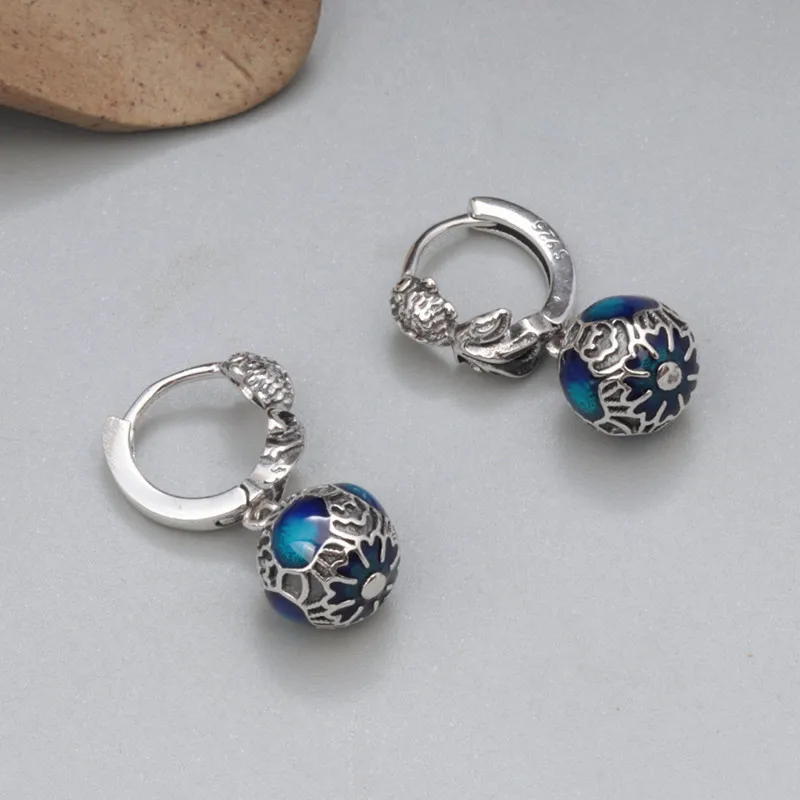 

925 Sterling Silver Enamel Ball Goldfish Ear Buckle Ear Clip Vintage Ethnic Hanging Earrings Women's Jewelry Original Certified