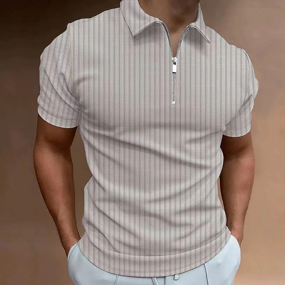 

New fashion summer lapel short-sleeved solid color men's POLO shirt casual breathable men's pullover striped zipper T-shirt top