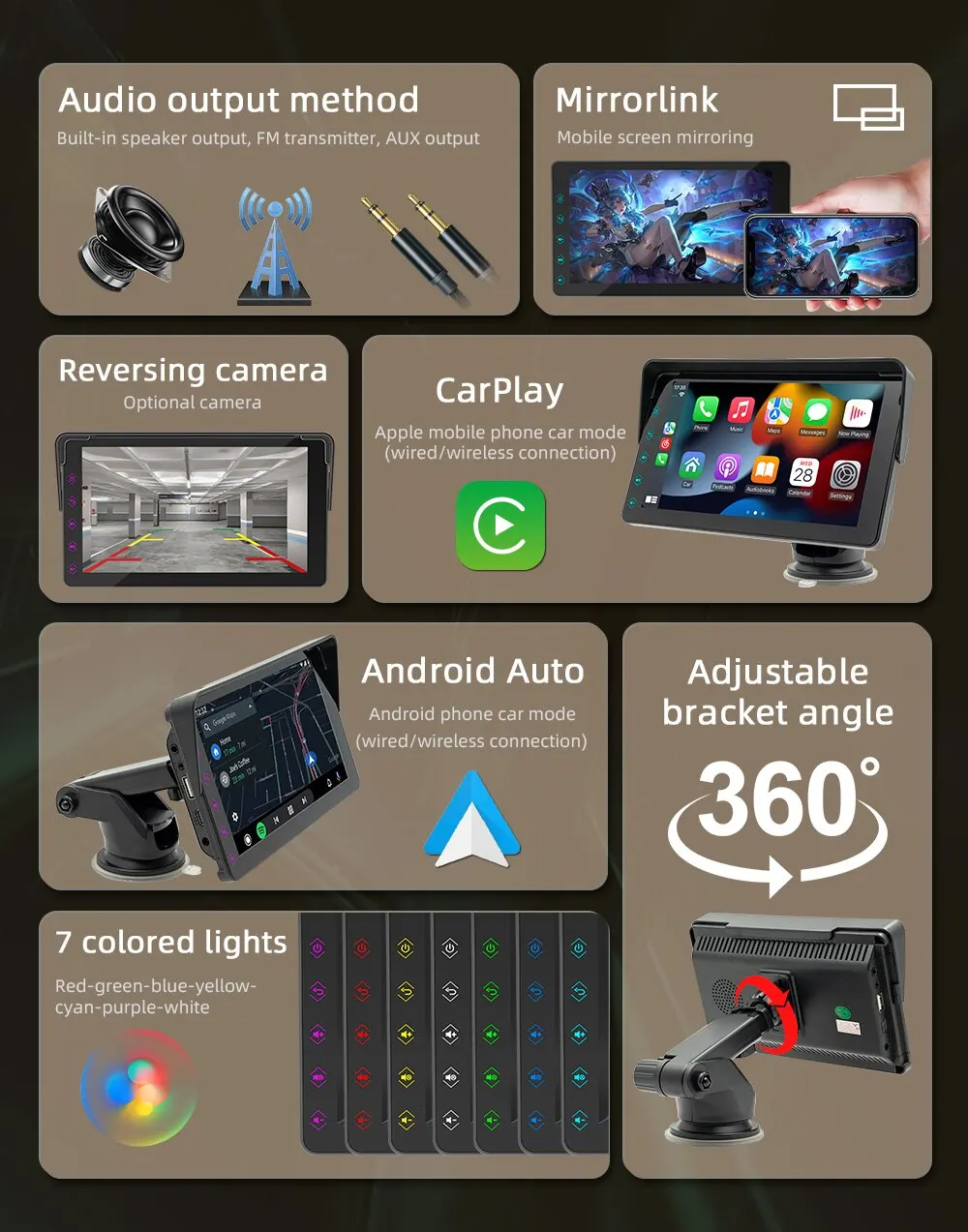 7inch Car Radio Multimedia Video Player Wireless Carplay Wireless Android Auto Touch Screen Sun Visor car stereo touch screen display car display