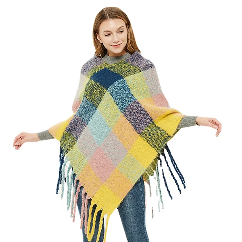 CHENKIO Womens Elegant Knitted Shawl Poncho with Fringed V-Neck Lattice Sweater Pullover Cape Gifts for Women Scarves and Shawls