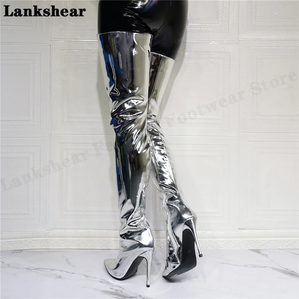 Silver Patent Over The Knee Boots Square Toe Knee High Boots Block High Heel Leather Dress Women Boots Winter Fashion Shoes