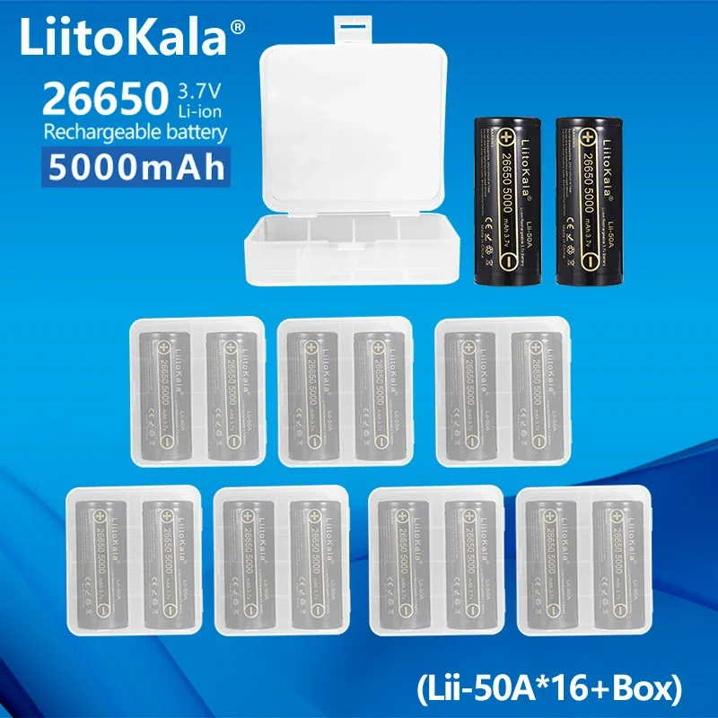 

16PCS LiitoKala Lii-50A High Capacity 26650 5000mAh 3.7v Li-ion Rechargeable Battery 26650-50A battery for Flashlight 20A