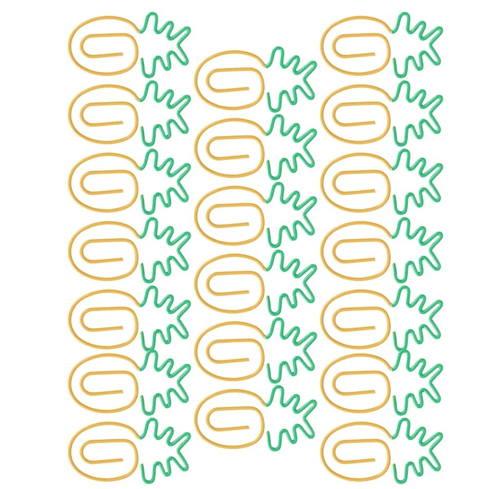 20개 2색 종이 클립 노란색 및 녹색 플라스틱 코팅 금속 2색 종이 클립 녹 방지 파인애플 모양 과일 핀