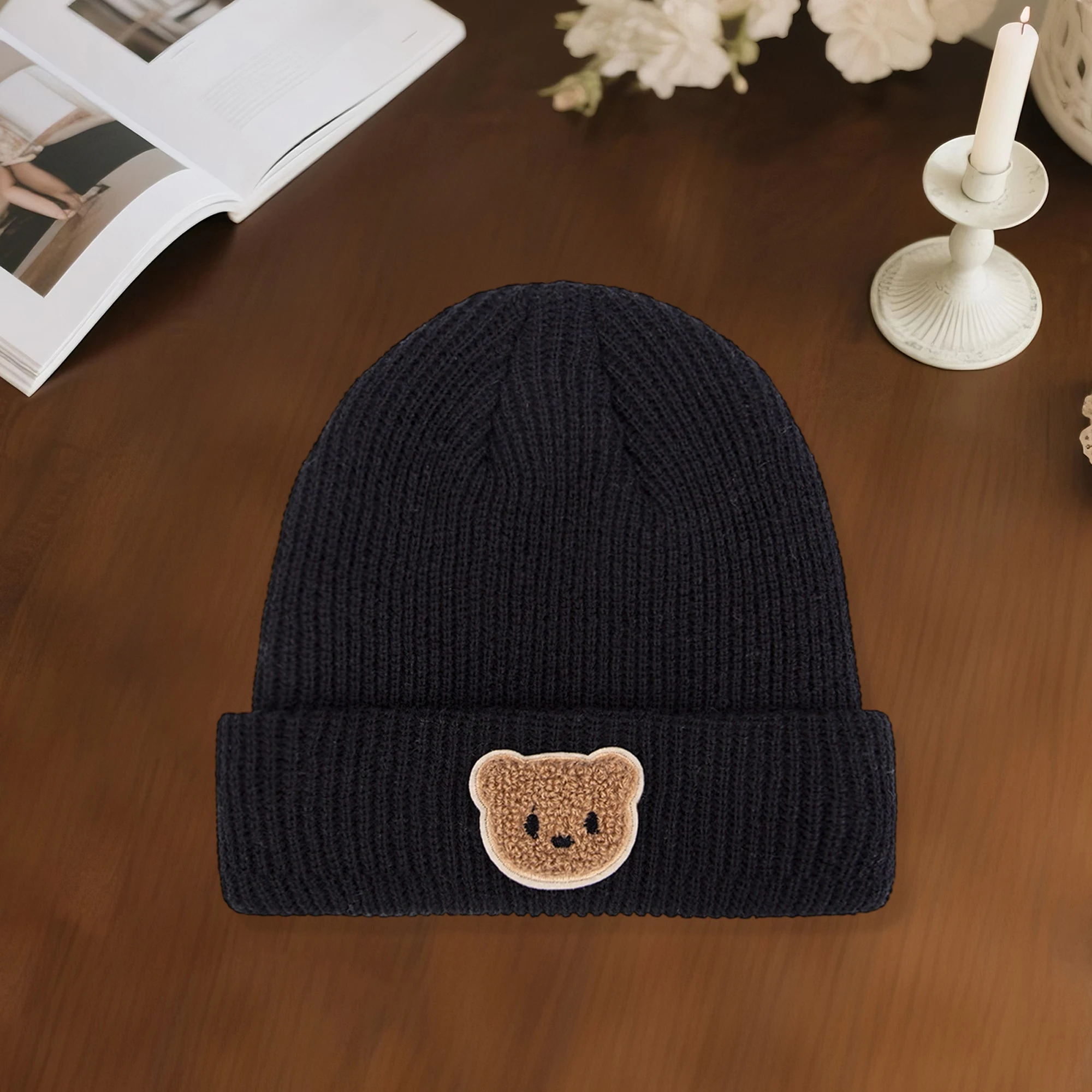 Cute Pom Pom Knit Beanie Hats for Toddlers Soft Winter Warm Caps with Bear Patch for Boys and Girls Cozy Infant Skull Caps