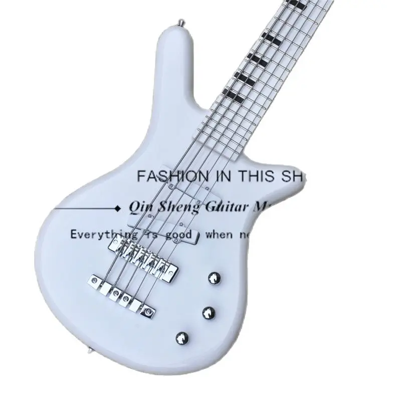 5 String Electric Bass Guitar, White Bass,White Maple Neck Set In Basswood  Body,Black Inlay Maple Fingerboard