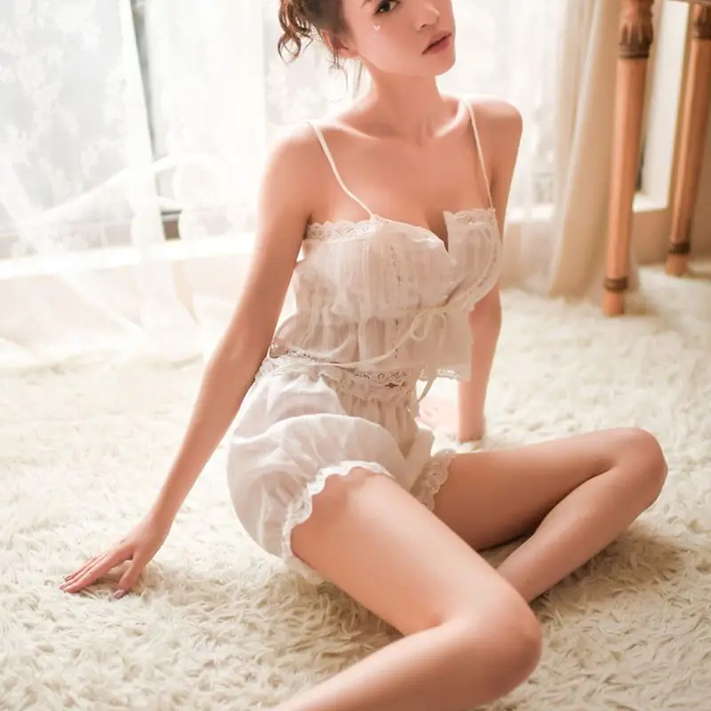 

Womens French for Palace Sexy Lingerie Pajamas Set Button Up Drawstring Crop Top Camisole Ruffled Lace Bloomers Sleepwear