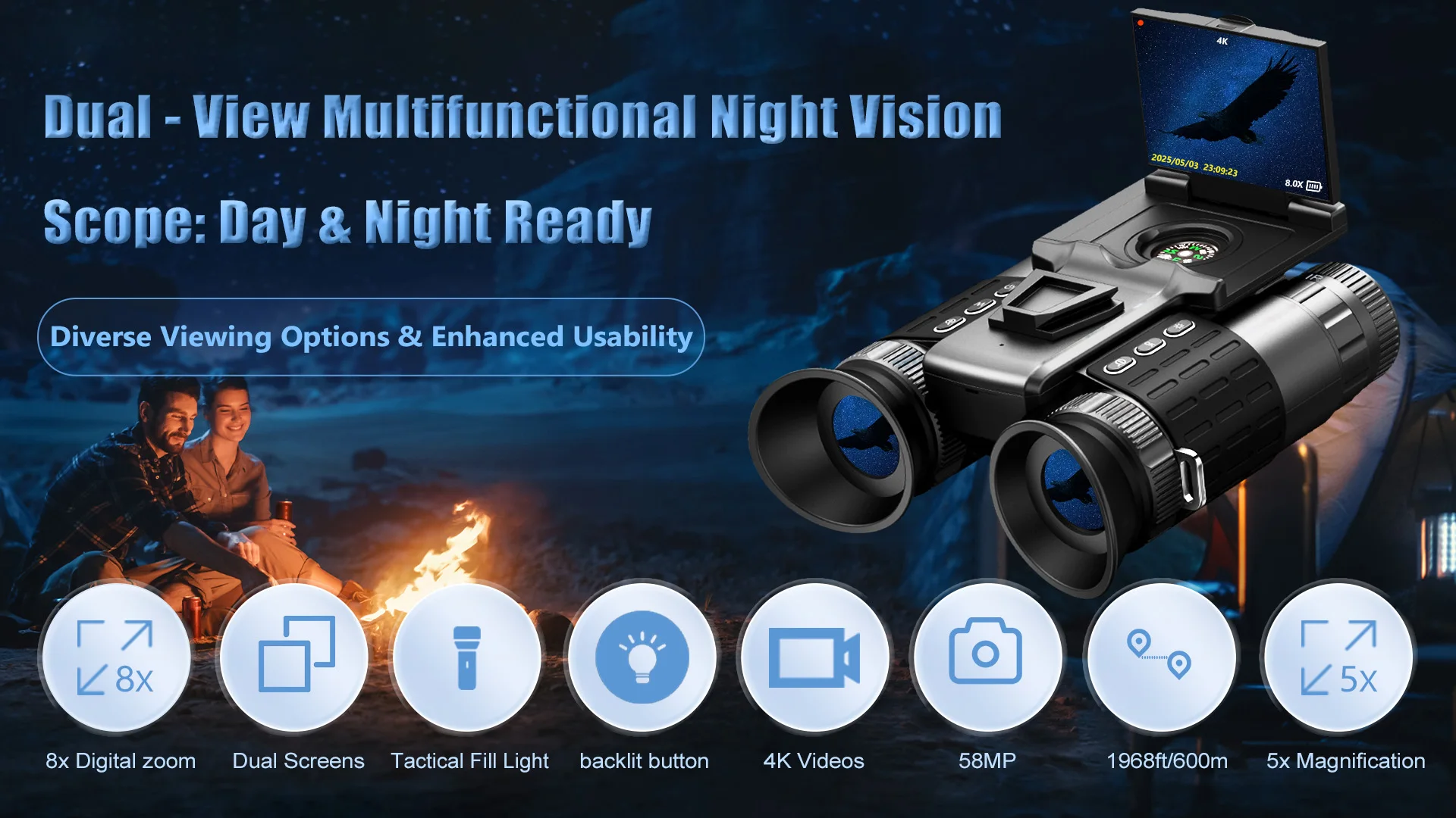 4K Hunting Night Vision Binoculars Camera with Tactical Light 600m Range 8X Zoom