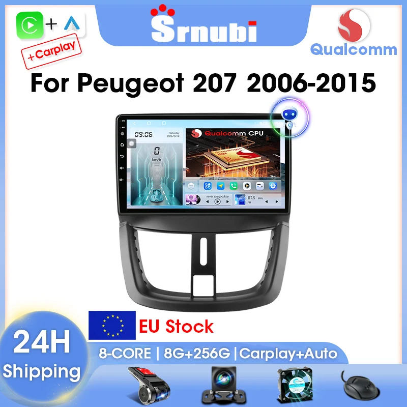 Srnubi 2 Din 8-core Android Auto Stereo Drahtlose CarPlay Android Auto GPS WiFi BT Touchscreen Für Peugeot 207 CC 207CC 2006-2015