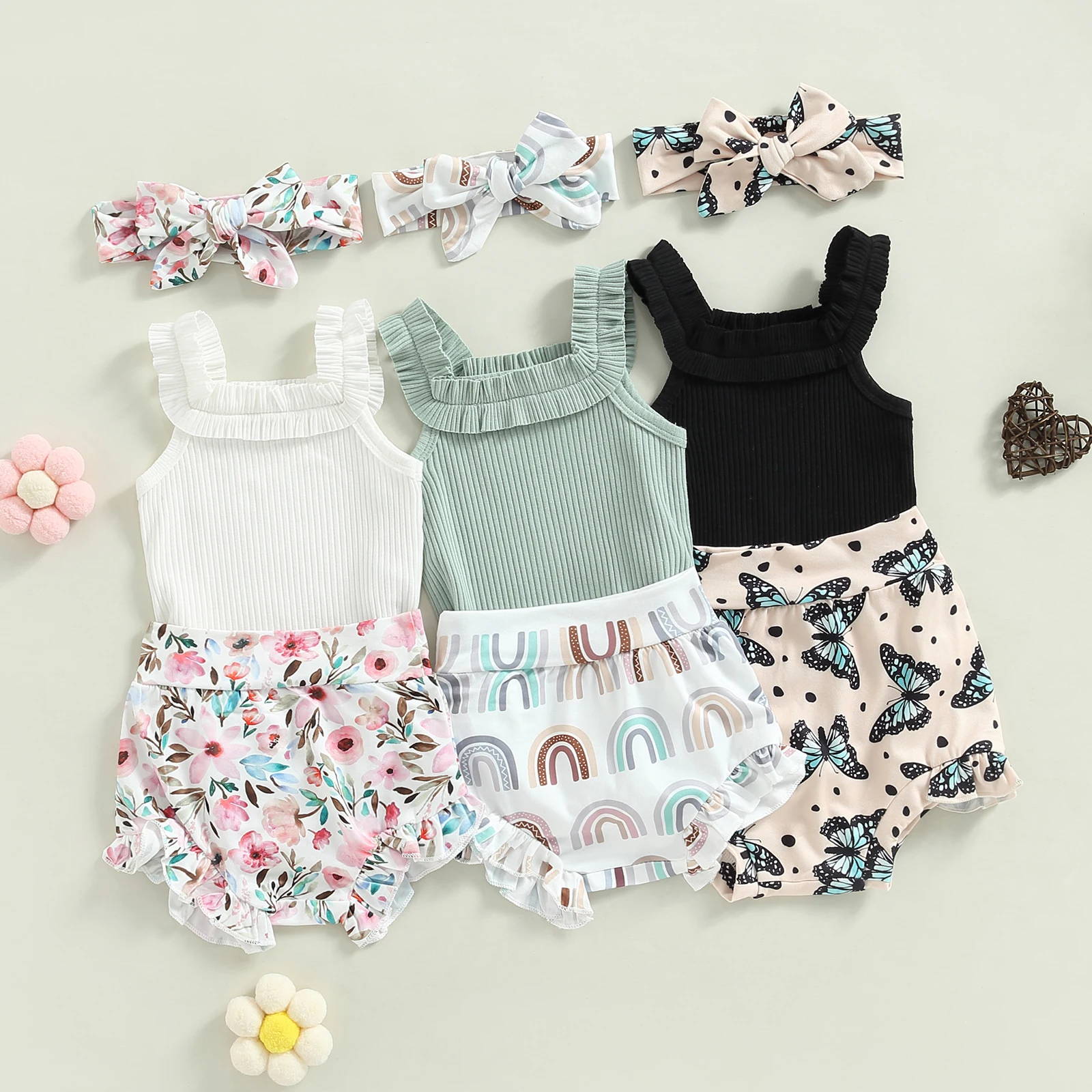 Infant Newborn Baby Girls Shorts Set, Sleeveless Romper + Flower/Rainbow/Butterfly Print Shorts + Hairband 3Pcs Set 0-18M 1