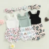 Infant Newborn Baby Girls Shorts Set, Sleeveless Romper + Flower/Rainbow/Butterfly Print Shorts + Hairband 3Pcs Set 0-18M