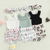 Infant Newborn Baby Girls Shorts Set, Sleeveless Romper + Flower/Rainbow/Butterfly Print Shorts + Hairband 3Pcs Set 0-18M