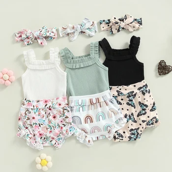 Infant Newborn Baby Girls Shorts Set, Sleeveless Romper + Flower/Rainbow/Butterfly Print Shorts + Hairband 3Pcs Set 0-18M 1