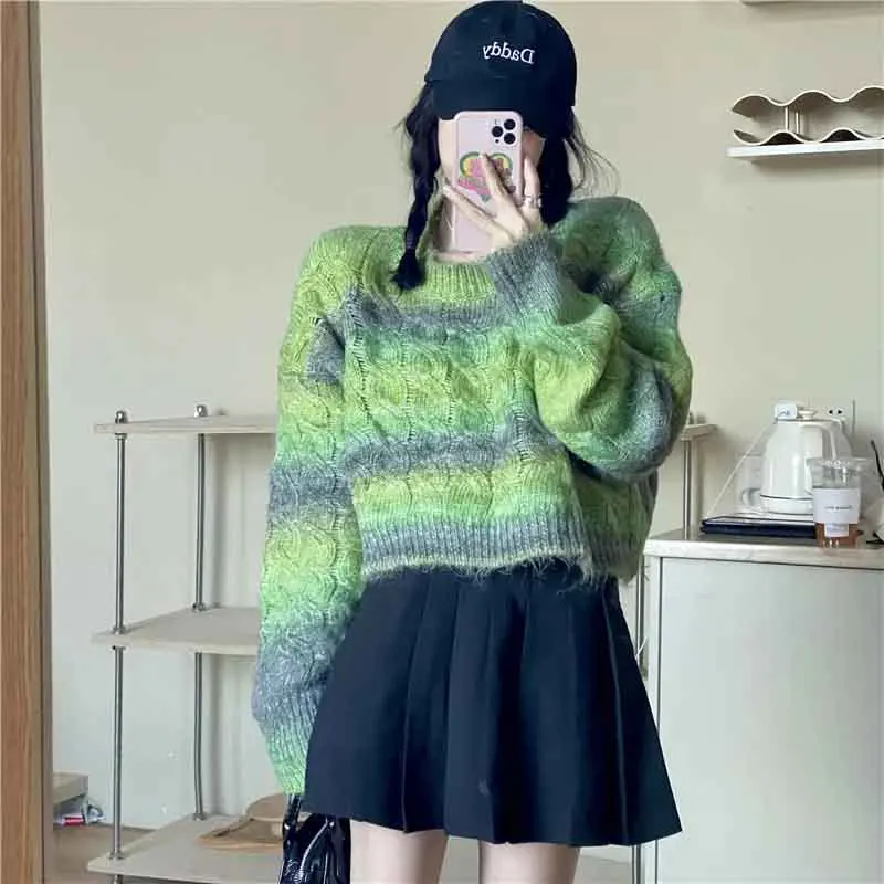 

Y2K Stripe Tie Dye Women Knit Short Sweaters Autumn Korean Rainbow Sweet Pullover Harajuku Streetwear All Match Crop Jumpers