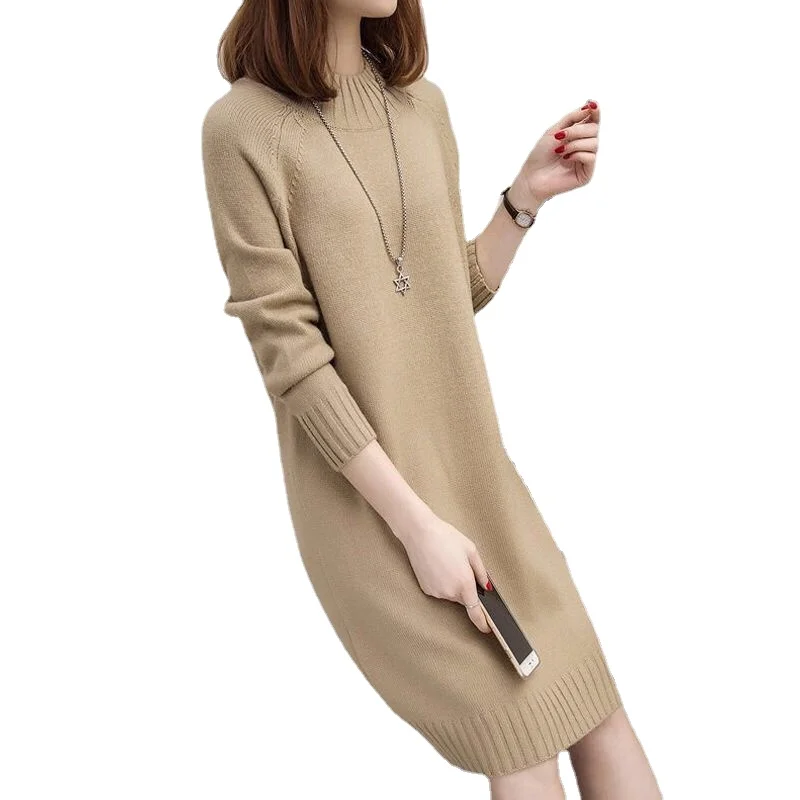 

Women Autumn Winter Sweater Knitted Dresses Women Fashion Turtleneck Long Sweater Dress Ladies Warm Split Sweater Dress