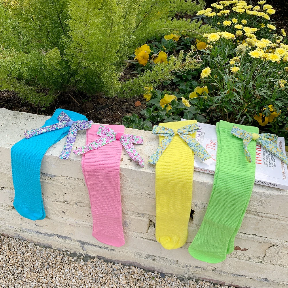 

Детские летние хлопковые сетчатые длинные носки для девочек, детские весенние белые милые чулки до колена с милым бантом