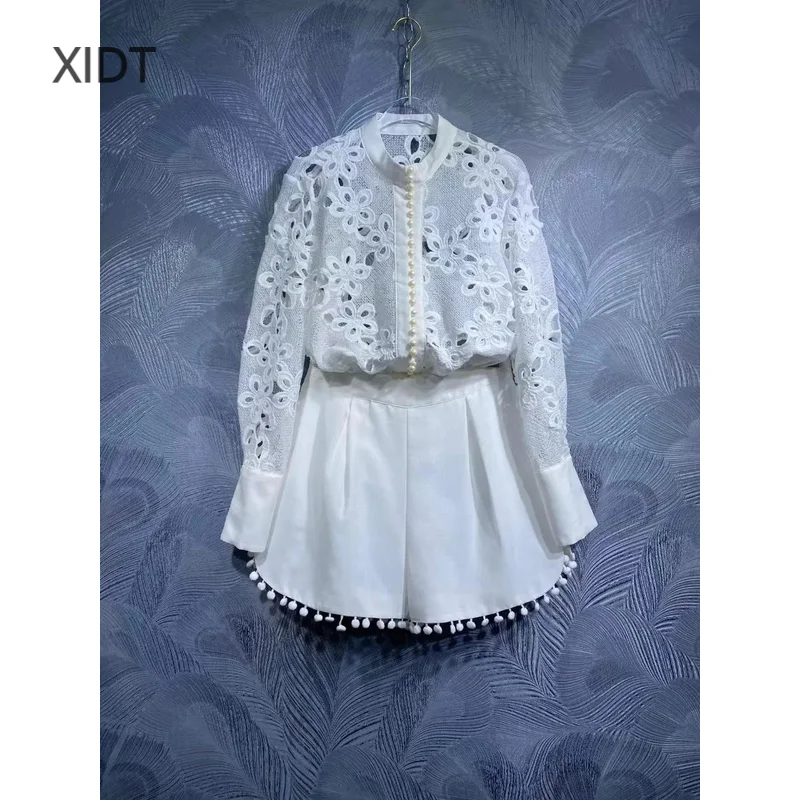 

Summer new women's standing collar hollow out shirt ➕ Minimalist shorts set