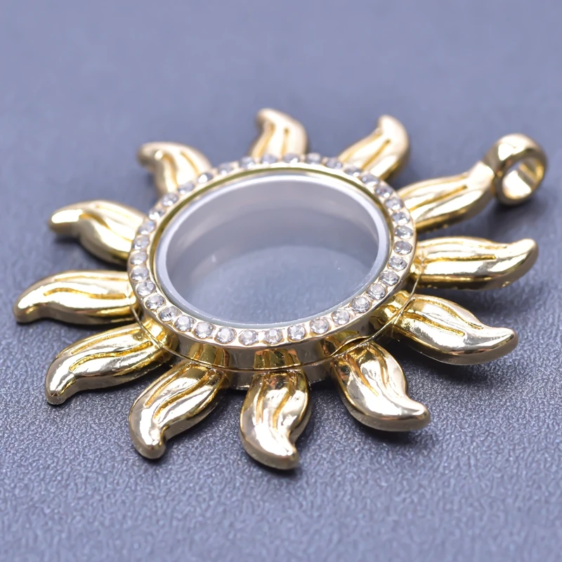10PCS Sunflower Rhinestone Glass Floating Locket Pendants Necklace Making Reliquary Memorial Photo Necklaces Jewelry Craft Charm