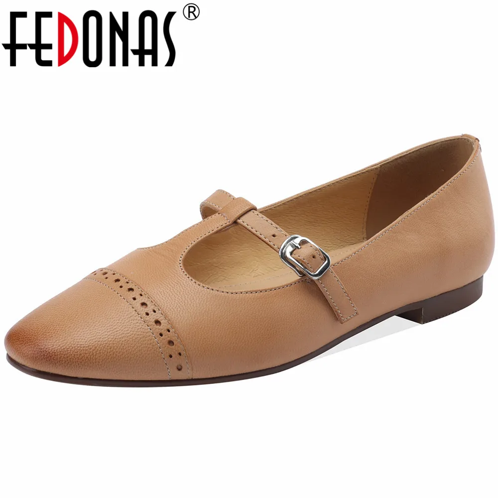 

FEDONAS Spring Summer Women Flats Round Toe Retro T-tied Genuine Leather Casual Working Concise Basic Shoes Woman New Arrival