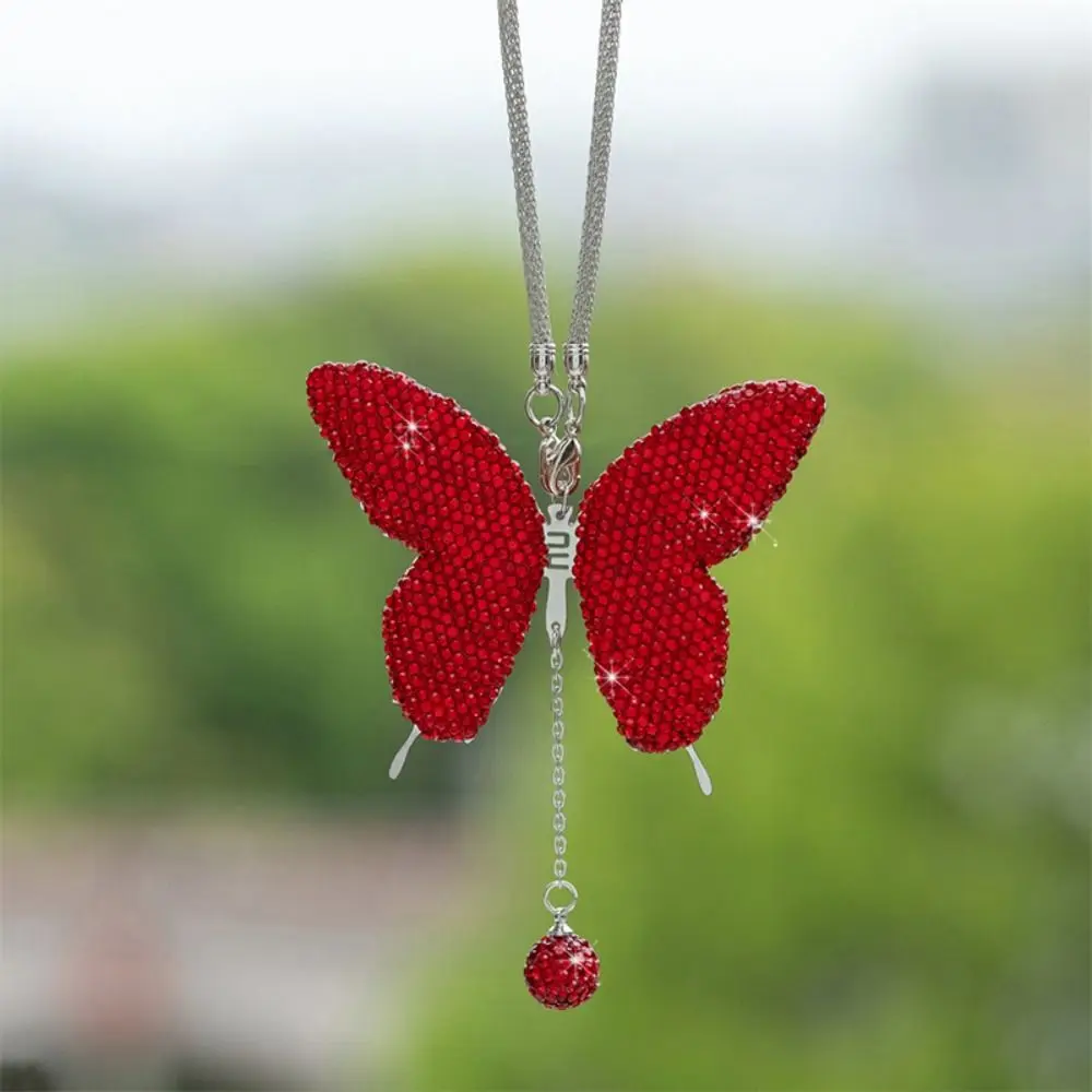 Pink Bling Butterfly Pendant Car Rearview Mirror Hangings Charms Bag Pendant Women Girl Gift Ornaments Auto Interior Decoration
